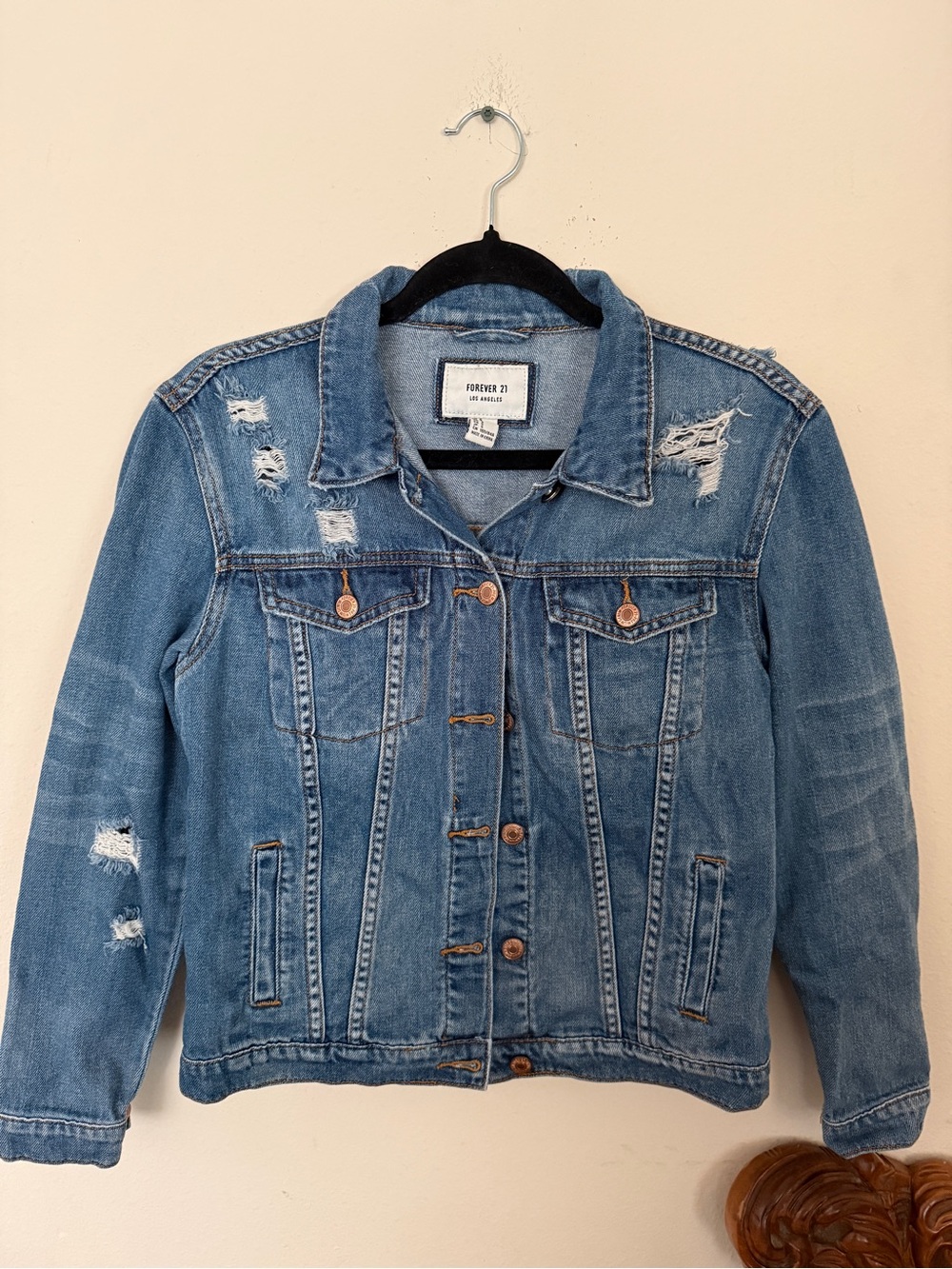 Distressed Blue Denim Jacket with Back Embroidery